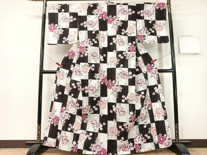 平和屋着物∴夏物　浴衣　綿紅梅　市松舞花文　金彩　綿　逸品　CABG7681vp