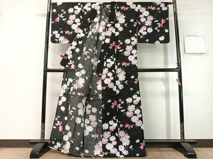 平和屋着物∴夏物　浴衣　金魚　舞花文　黒地　綿　逸品　CABG7682vp