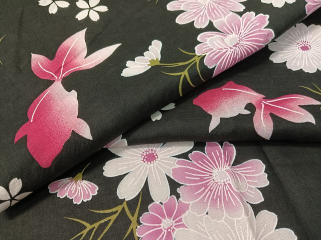 平和屋着物∴夏物　浴衣　金魚　舞花文　黒地　綿　逸品　CABG7682vp