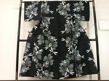 平和屋着物∴夏物　浴衣　トンボ　花　黒地　綿　逸品　CABG7685vp