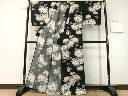 平和屋着物∴夏物　浴衣　綿紅梅　乱菊　黒地　金彩　綿　逸品　CABG7686vp
