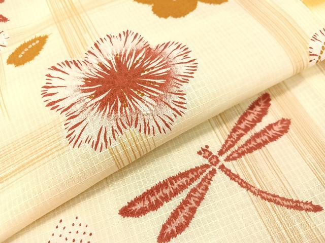 平和屋着物∴夏物　浴衣　綿紅梅　トンボ　霞花文　綿　逸品　CABG7703vp