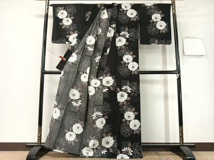 平和屋着物∴夏物　浴衣　菊花文　黒地　綿　逸品　CABG7709vp