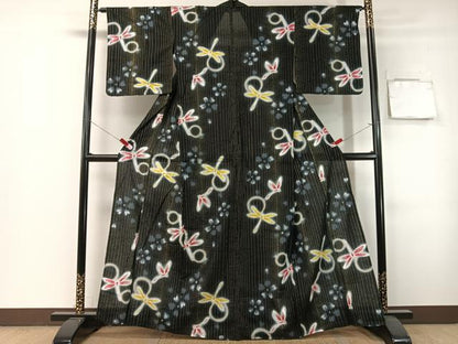 平和屋着物∴夏物　浴衣　綿紅梅　トンボ　黒地　金通し地　綿　逸品　CABG7713vp