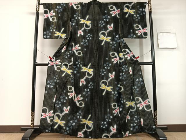 平和屋着物∴夏物　浴衣　綿紅梅　トンボ　黒地　金通し地　綿　逸品　CABG7713vp