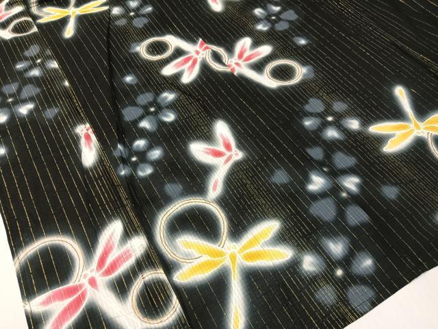 平和屋着物∴夏物　浴衣　綿紅梅　トンボ　黒地　金通し地　綿　逸品　CABG7713vp