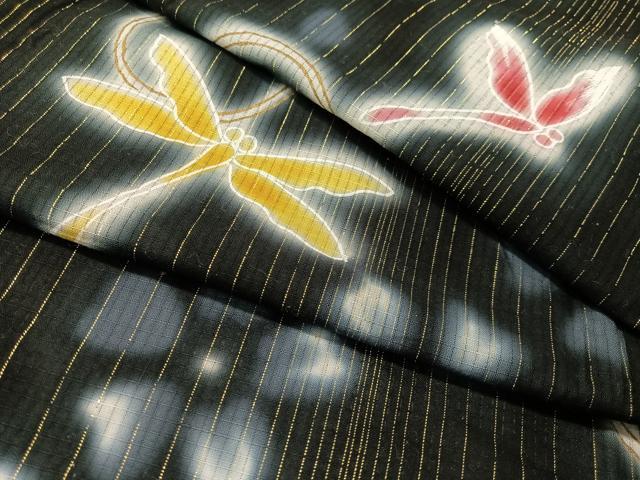 平和屋着物∴夏物　浴衣　綿紅梅　トンボ　黒地　金通し地　綿　逸品　CABG7713vp
