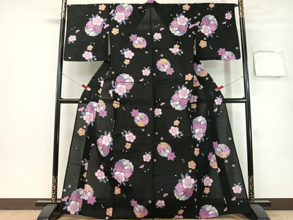 平和屋着物∴夏物　浴衣　雪輪花文　黒地　金彩　綿　逸品　CABG7718vp