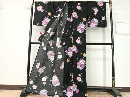 平和屋着物∴夏物　浴衣　雪輪花文　黒地　金彩　綿　逸品　CABG7718vp