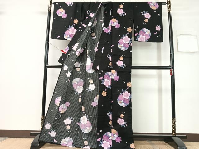平和屋着物∴夏物　浴衣　雪輪花文　黒地　金彩　綿　逸品　CABG7718vp
