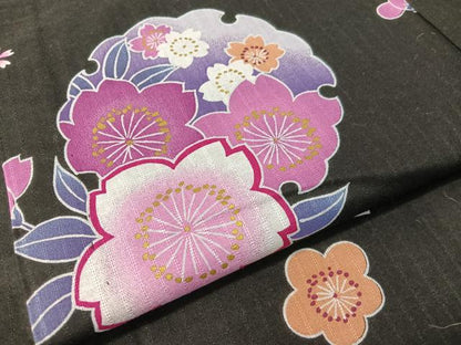 平和屋着物∴夏物　浴衣　雪輪花文　黒地　金彩　綿　逸品　CABG7718vp