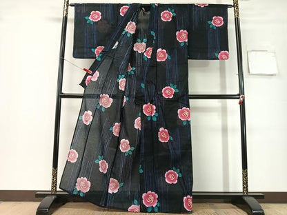 平和屋着物∴夏物　浴衣　綿紅梅　薔薇　黒地　綿　逸品　CABG7722vp