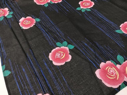 平和屋着物∴夏物　浴衣　綿紅梅　薔薇　黒地　綿　逸品　CABG7722vp