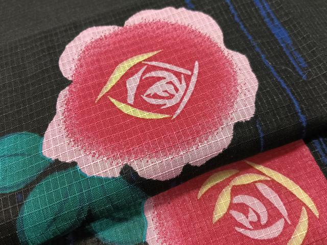 平和屋着物∴夏物　浴衣　綿紅梅　薔薇　黒地　綿　逸品　CABG7722vp
