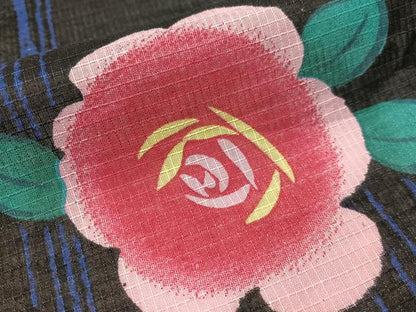 平和屋着物∴夏物　浴衣　綿紅梅　薔薇　黒地　綿　逸品　CABG7722vp