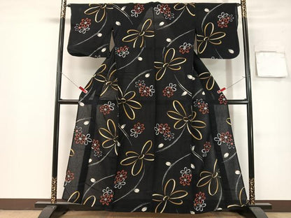 平和屋着物∴夏物　浴衣　綿紅梅　舞花文　黒地　さんび謹製　綿　逸品　CABG7726vp