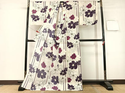 平和屋着物∴夏物　小紋・浴衣兼用　舞花文　金彩　ロング丈　綿麻　逸品　CABG7732vp