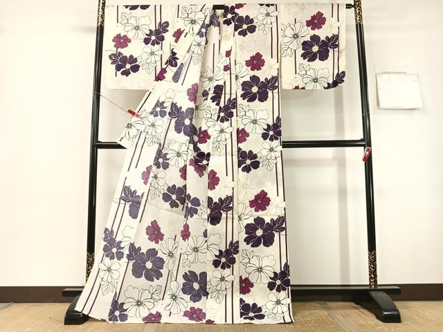 平和屋着物∴夏物　小紋・浴衣兼用　舞花文　金彩　ロング丈　綿麻　逸品　CABG7732vp