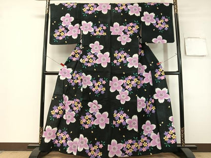平和屋着物∴夏物　浴衣　綿紅梅　舞桜　黒地　綿　逸品　CABG7738vp