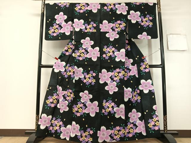 平和屋着物∴夏物　浴衣　綿紅梅　舞桜　黒地　綿　逸品　CABG7738vp