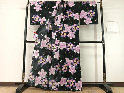 平和屋着物∴夏物　浴衣　綿紅梅　舞桜　黒地　綿　逸品　CABG7738vp