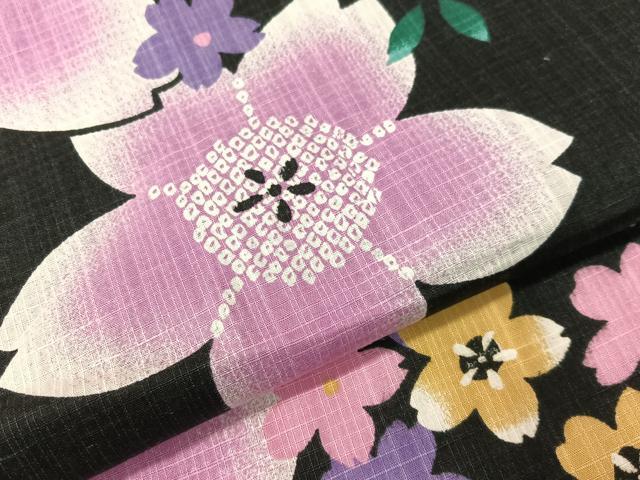 平和屋着物∴夏物　浴衣　綿紅梅　舞桜　黒地　綿　逸品　CABG7738vp