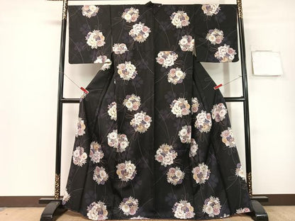 平和屋着物●小紋　束ね花文　黒地　洗える着物　CABG7742vp