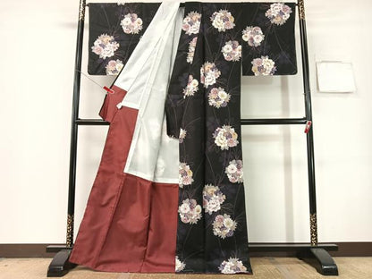 平和屋着物●小紋　束ね花文　黒地　洗える着物　CABG7742vp