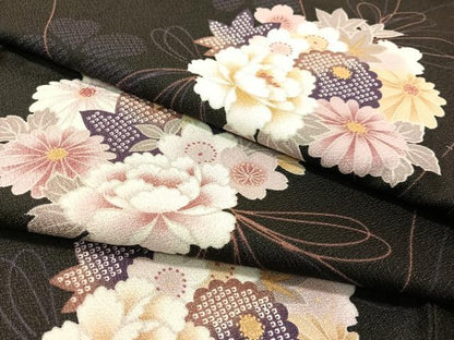 平和屋着物●小紋　束ね花文　黒地　洗える着物　CABG7742vp