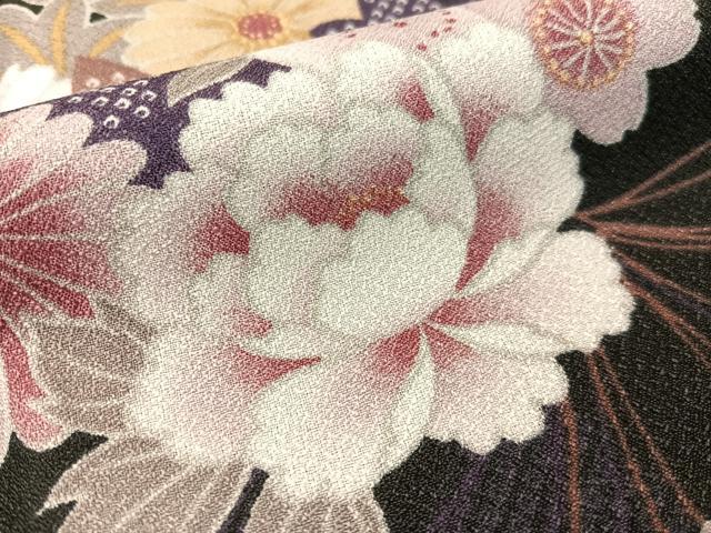 平和屋着物●小紋　束ね花文　黒地　洗える着物　CABG7742vp
