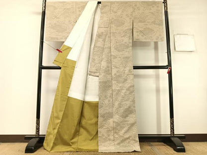 平和屋着物●結城紬　80亀甲　雲取り笹花文　ロング丈　正絹　逸品　未使用　CABG7779vp