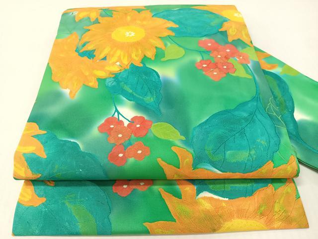 平和屋着物●全通柄　九寸名古屋帯　地紋起こし　草花文　正絹　逸品　未使用　CABG7784vp