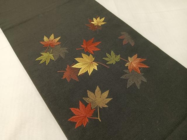 平和屋着物●総刺繍　九寸開き名古屋帯　紬地　楓文　黒地　正絹　逸品　CABG7786vp