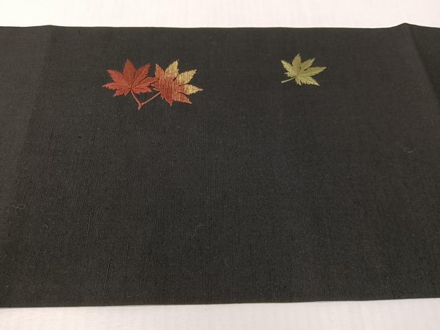 平和屋着物●総刺繍　九寸開き名古屋帯　紬地　楓文　黒地　正絹　逸品　CABG7786vp