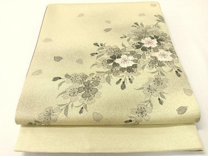 平和屋着物●手描友禅作家　澤井豊泉　両面　太鼓柄袋帯　草花文　金通し地　正絹　逸品　CABG7787vp