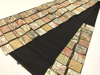 平和屋着物●西陣　六通柄袋帯　源氏香　風景文　黒地　引箔　上代39万　反端付き　正絹　逸品　未使用　CABG7797vp
