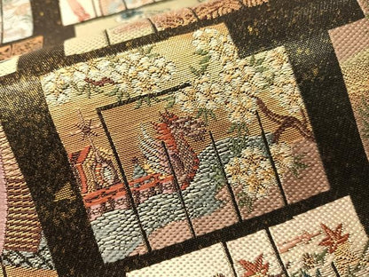 平和屋着物●西陣　六通柄袋帯　源氏香　風景文　黒地　引箔　上代39万　反端付き　正絹　逸品　未使用　CABG7797vp