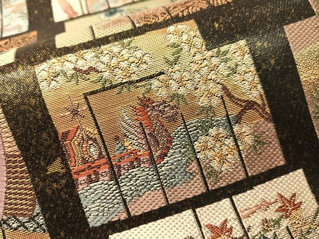 平和屋着物●西陣　六通柄袋帯　源氏香　風景文　黒地　引箔　上代39万　反端付き　正絹　逸品　未使用　CABG7797vp