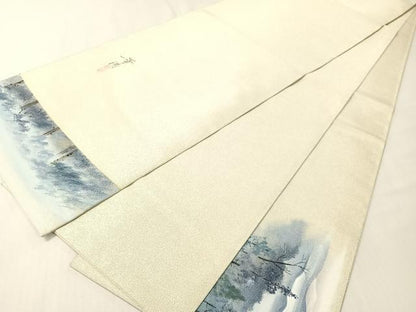 平和屋着物●巨匠　前田華清　手描き　太鼓柄袋帯　手描き　綴れ　風景文　銀糸　正絹　逸品　未使用　CABG7807vp