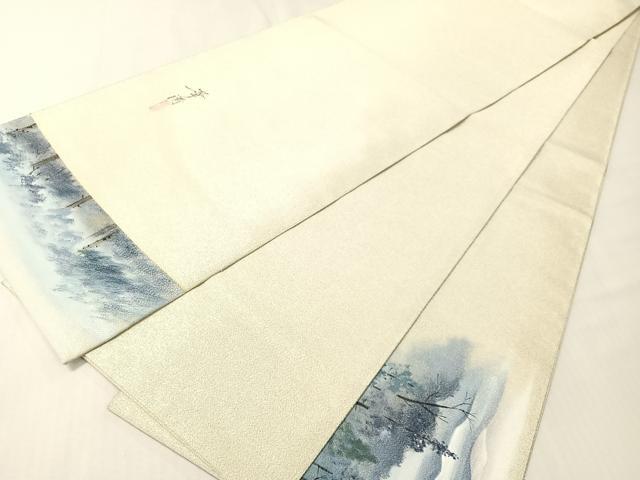 平和屋着物●巨匠　前田華清　手描き　太鼓柄袋帯　手描き　綴れ　風景文　銀糸　正絹　逸品　未使用　CABG7807vp