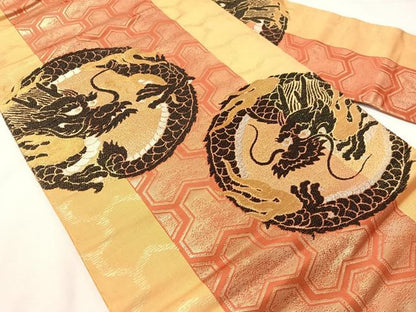 平和屋着物●アンティーク　大正ロマン　九寸名古屋帯　雲龍　金糸　正絹　逸品　CABG7826vp