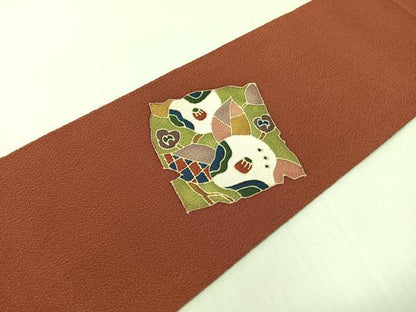 平和屋着物●九寸名古屋帯　作家物　破れ色紙花文　鬼しぼ縮緬　正絹　逸品　CABG7829vp