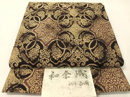 平和屋着物●西陣　両面　六通柄袋帯　和奈織　創作：正廣　草木染　葡萄蔦の葉文　金糸　証紙付き　正絹　逸品　未使用　CABG7836vp
