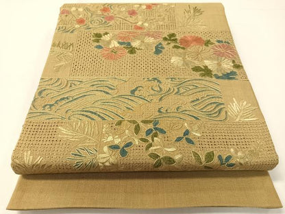 平和屋着物●中国三大刺繍　スワトウ相良刺繍　総刺繍　太鼓柄袋帯　紬地　横段花文　正絹　逸品　CABG7837vp