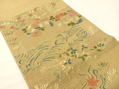 平和屋着物●中国三大刺繍　スワトウ相良刺繍　総刺繍　太鼓柄袋帯　紬地　横段花文　正絹　逸品　CABG7837vp