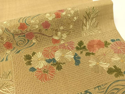 平和屋着物●中国三大刺繍　スワトウ相良刺繍　総刺繍　太鼓柄袋帯　紬地　横段花文　正絹　逸品　CABG7837vp