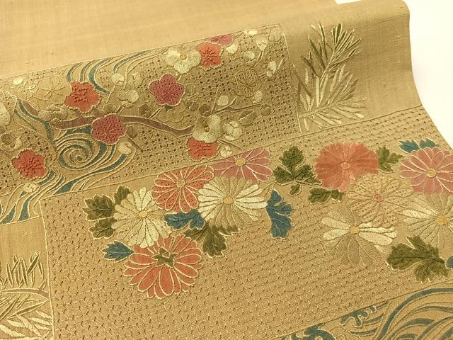 平和屋着物●中国三大刺繍　スワトウ相良刺繍　総刺繍　太鼓柄袋帯　紬地　横段花文　正絹　逸品　CABG7837vp