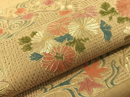 平和屋着物●中国三大刺繍　スワトウ相良刺繍　総刺繍　太鼓柄袋帯　紬地　横段花文　正絹　逸品　CABG7837vp