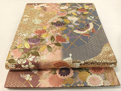 平和屋着物●両面　六通柄袋帯　唐織　花蝶文　金糸　正絹　逸品　CABG7839vp