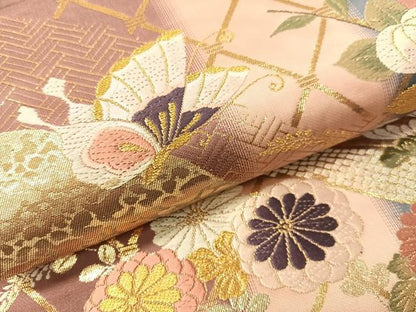 平和屋着物●両面　六通柄袋帯　唐織　花蝶文　金糸　正絹　逸品　CABG7839vp
